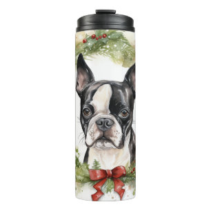 Boston Terrier Kerstkrans Feestelijke Pup Thermosbeker
