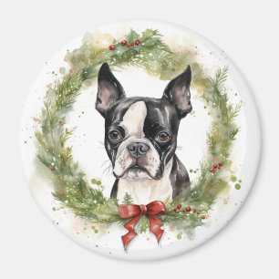 Boston Terrier Kerstkrans Festieve Puppy Magneet