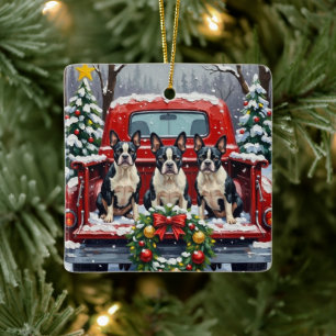 Boston Terrier Kerstmis Rode Truck Vakantie Keramisch Ornament
