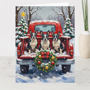 Boston Terrier Kerstmis Rode Truck Winter Kaart