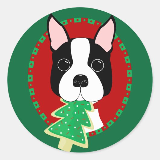 Boston Terrier Kerstmis Ronde Sticker (Voorkant)