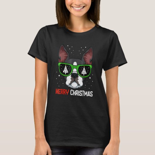 Boston Terrier KerstPajama Dog Sunbribril X M T-shirt (Voorkant)