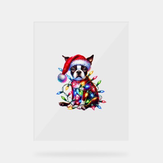 Boston Terrier Kerstverlichting Santa Hat Dog Love Acryl Bord (Voorkant)