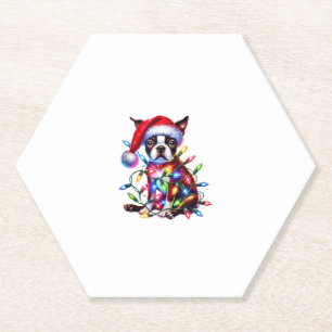 Boston Terrier Kerstverlichting Santa Hat Dog Love Kartonnen Onderzetters