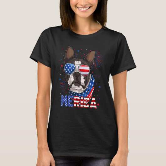 Boston Terrier Merica Zonnebril 4 juli Ameri T-shirt (Voorkant)