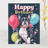 Boston Terrier met Ballonnen Kaart (Gele Bloem)