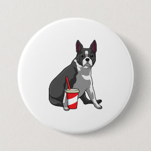 Boston Terrier met Drink Ronde Button 7,6 Cm