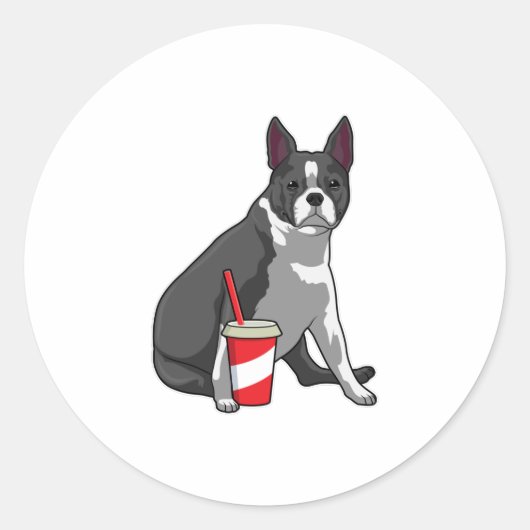 Boston Terrier met Drink Ronde Sticker (Voorkant)