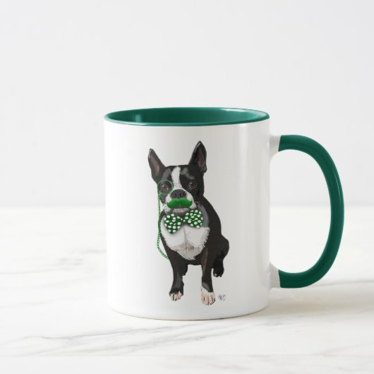 Boston Terrier met Green Mustache en Spotty Mok (Rechts)