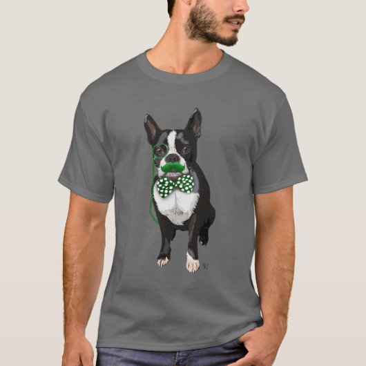 Boston Terrier met Green Mustache en Spotty T-shirt (Voorkant)