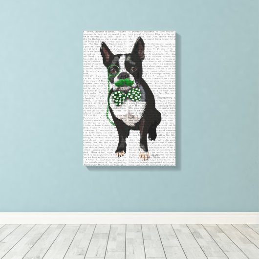 Boston Terrier met Green Mustache & Spoted Stropda Canvas Afdruk (Insitu (Houten vloer))