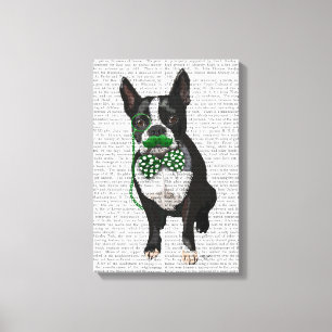 Boston Terrier met Green Mustache & Spoted Stropda Canvas Afdruk