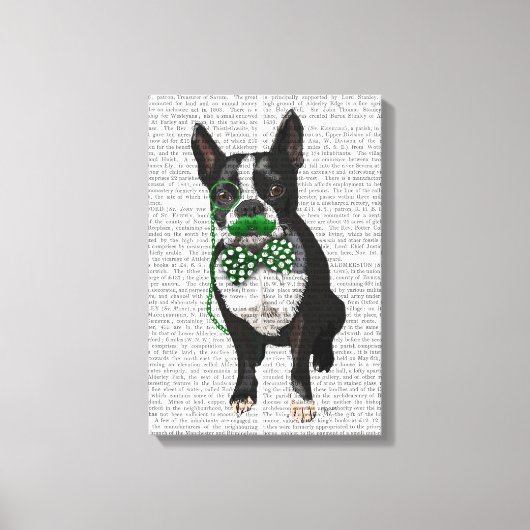 Boston Terrier met Green Mustache & Spoted Stropda Canvas Afdruk (Voorkant)