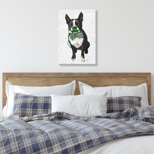 Boston Terrier met Green Mustache & Spoted Stropda Canvas Afdruk (Insitu (Slaapkamer))