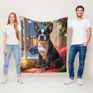 Boston Terrier met kerstverlichting vakantie Fleece Deken