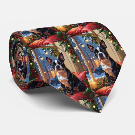 Boston Terrier met kerstverlichting vakantie Stropdas (Opgerold)