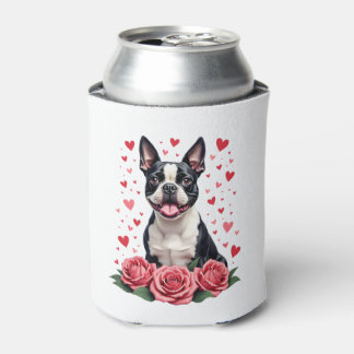Boston Terrier met Rode Rozen Harten Valentijnsdag Blikjeskoeler