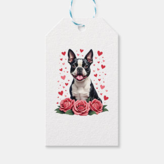 Boston Terrier met Rode Rozen Harten Valentijnsdag Cadeaulabel