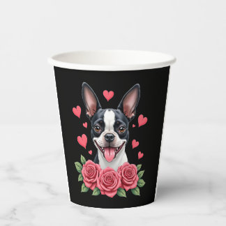 Boston Terrier met Rode Rozen Harten Valentijnsdag Papieren Bekers
