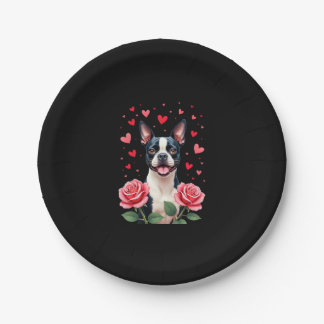 Boston Terrier met Rode Rozen Harten Valentijnsdag Papieren Bordje