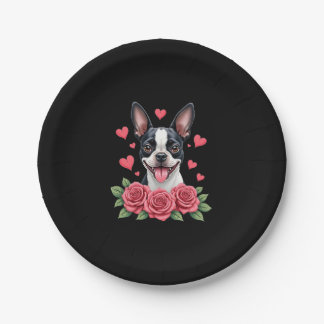 Boston Terrier met Rode Rozen Harten Valentijnsdag Papieren Bordje