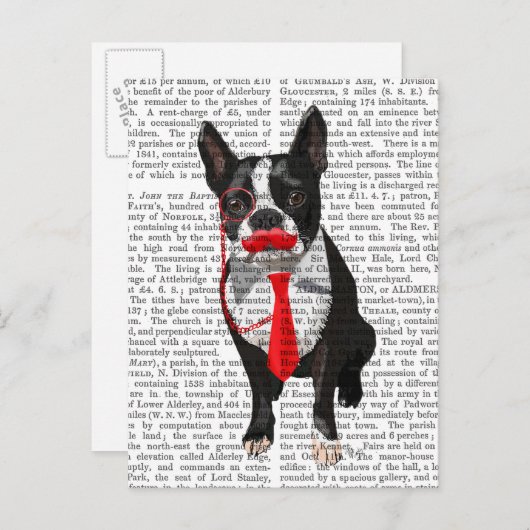 Boston Terrier met rood Stropdas en snor 2 Briefkaart (Voorkant / Achterkant)