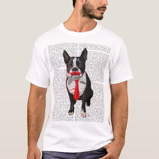 Boston Terrier met rood Stropdas en snor 2 T-shirt (Voorkant)