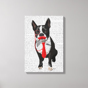 Boston Terrier met rood Stropdas en snor Canvas Afdruk