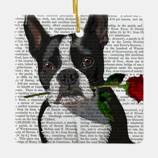 Boston Terrier met Roos in Mouth Keramisch Ornament (Voorkant)