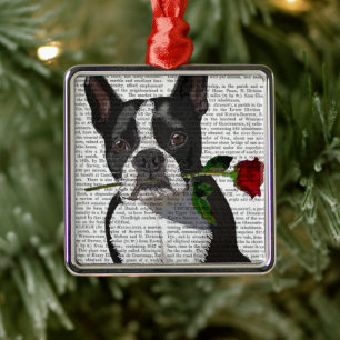 Boston Terrier met Roos in Mouth Metalen Ornament
