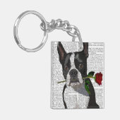Boston Terrier met Roos in Mouth Sleutelhanger (Voorkant Links)