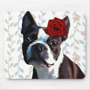 Boston Terrier met Roos op hoofd 2 Muismat