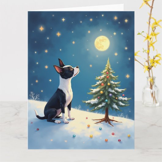 Boston Terrier Midnight Star-Gazing Christmas Kaart (Gele Bloem)