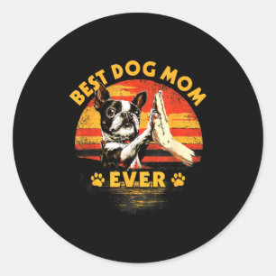 Boston terriër moeder retro zonsondergang grappige ronde sticker