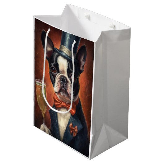Boston Terrier Nieuwjaar Medium Cadeauzakje (Voorkant Gekanteld)