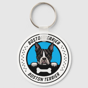 Boston Terrier Peeking Illustration Badge Sleutelhanger