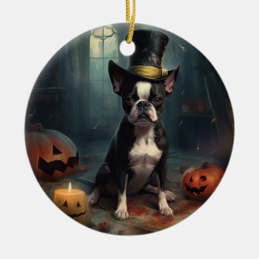 Boston Terrier pompoenen Halloween eng Keramisch Ornament (Voorkant)