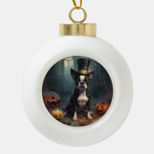 Boston Terrier pompoenen Halloween eng Keramische Bal Ornament (Voorkant)
