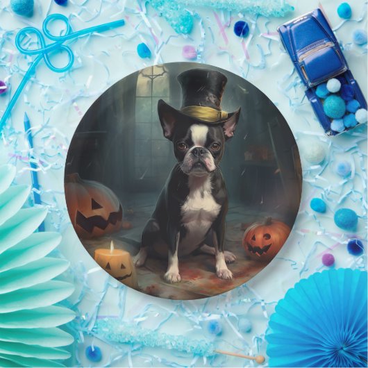 Boston Terrier pompoenen Halloween eng Papieren Bordje (Feest)