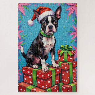 Boston Terrier Pop Art Kerst Pakketten Hoed Legpuzzel