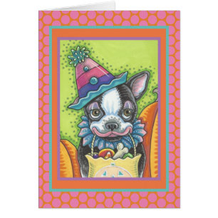 BOSTON TERRIER PUP, HALLOWEEN CLOWN CHIEN CARD VER