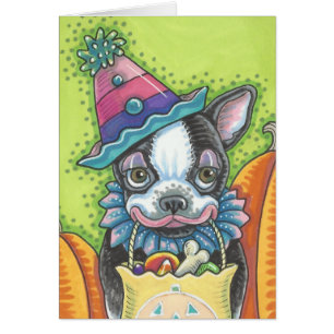 BOSTON TERRIER PUP, HALLOWEEN CLOWN CHIEN CARTE Vi