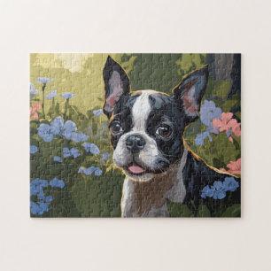 Boston Terrier Pup in Bloemenveld Legpuzzel