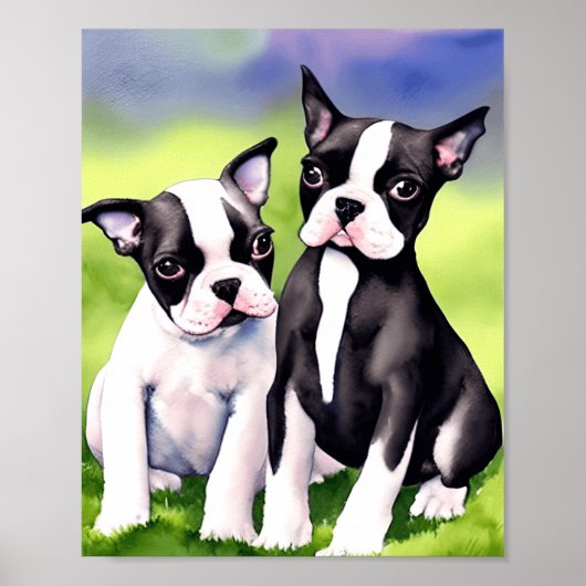 Boston Terrier Puppies Waterverf Art Print (Voorkant)