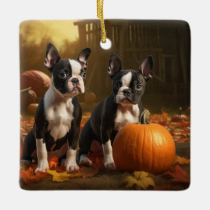 Boston Terrier Puppy Herfst Delight Pompoen Keramisch Ornament