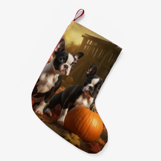 Boston Terrier Puppy Herfst Delight Pompoen Kleine Kerstsok (Voorkant (Hangend))
