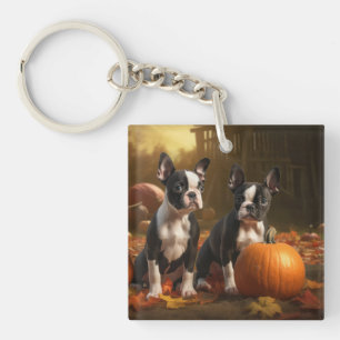 Boston Terrier Puppy Herfst Delight Pompoen Sleutelhanger