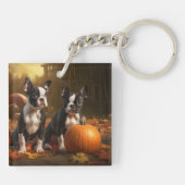 Boston Terrier Puppy Herfst Delight Pompoen Sleutelhanger (Achterkant)