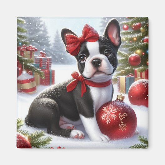 Boston Terrier Puppy met kerstversiering Magneet (Voorkant)
