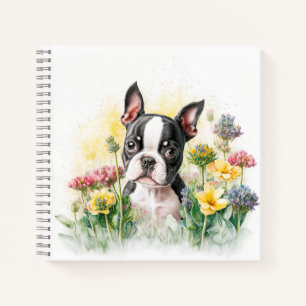 Boston Terrier Puppy Omringd door Wilde Bloemen Notitieboek